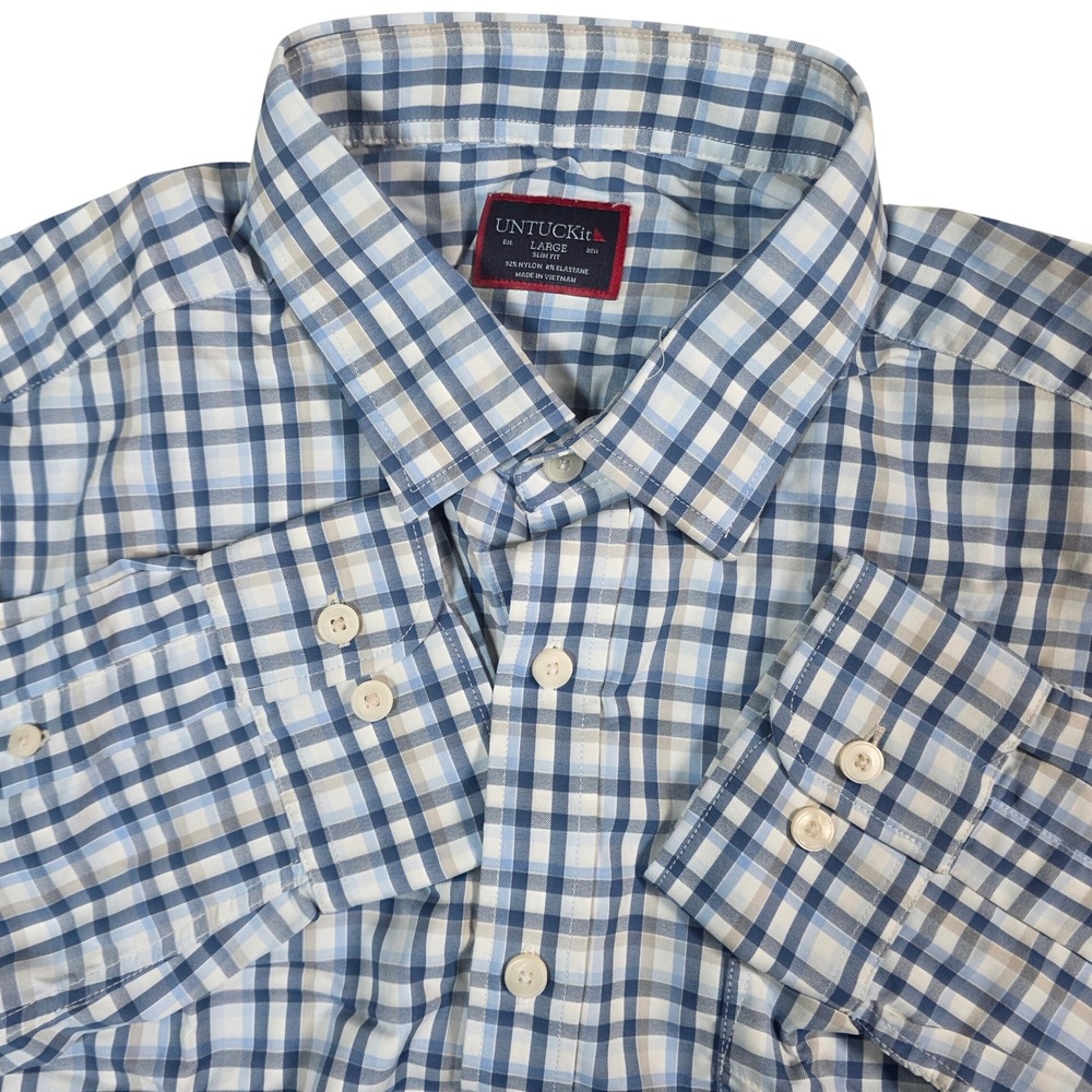 UNTUCKit Sardinia Shirt Mens Large Blue Plaid Slim Fit Performance Breathable